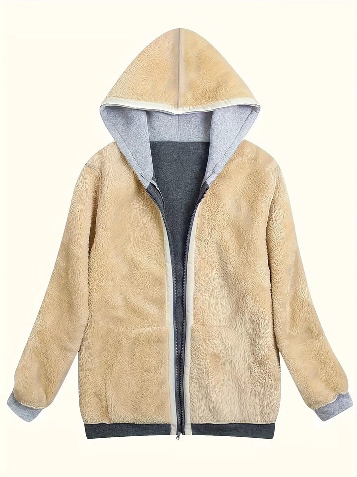 Sherpa-lined zip-up hoodie with colorblock sleeves