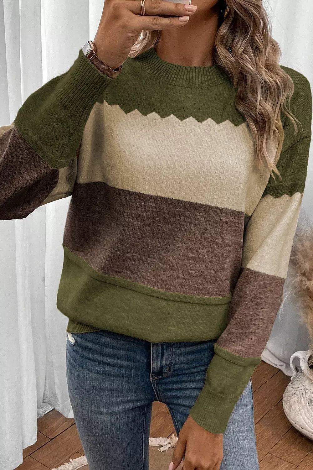 Colorblock drop shoulder crew neck sweater with zigzag trim