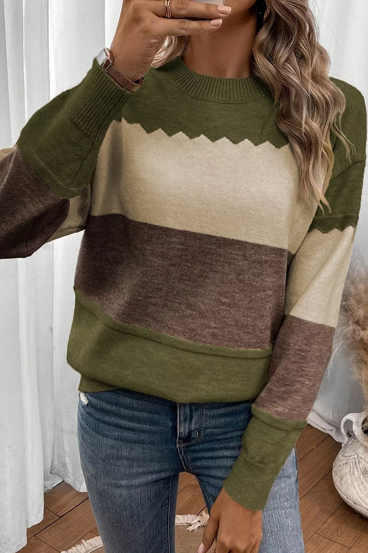 Colorblock drop shoulder crew neck sweater with zigzag trim