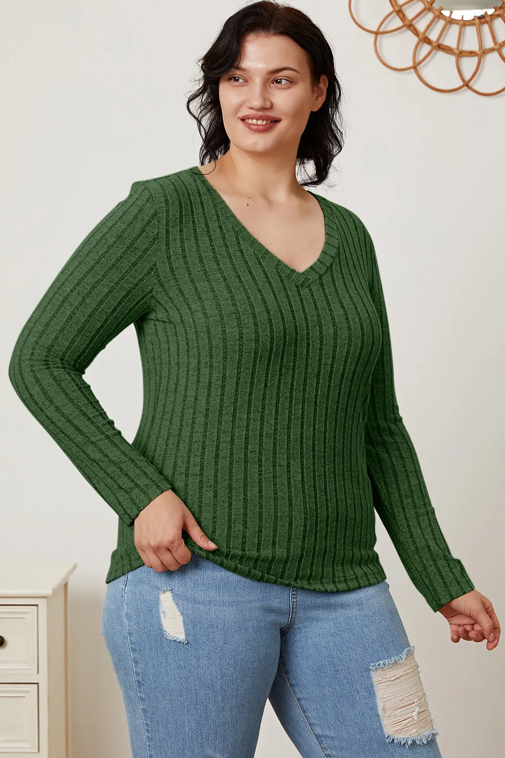 Ribbed v-neck long sleeve knit top