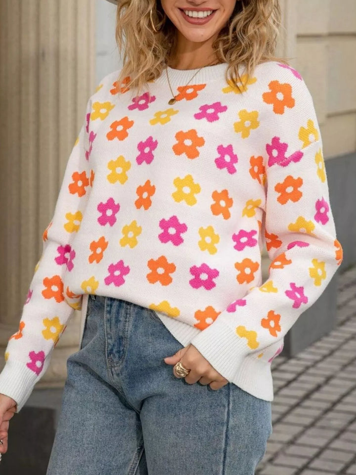 Retro daisy floral crew neck knit sweater