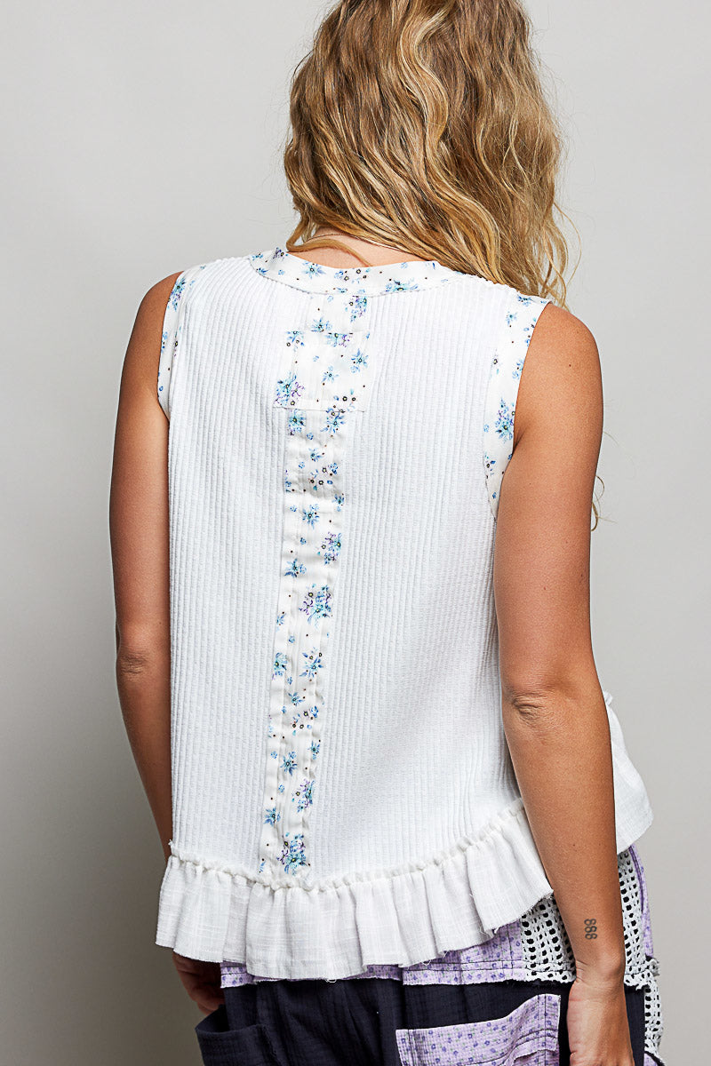 Ribbed tank with floral patch panel and gauze ruffle hem