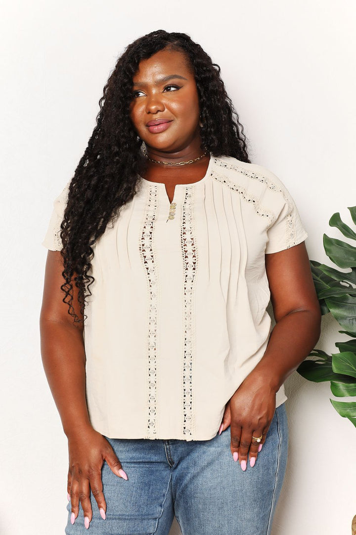 Light Yellow Crochet trim pintuck short sleeve top with button placket