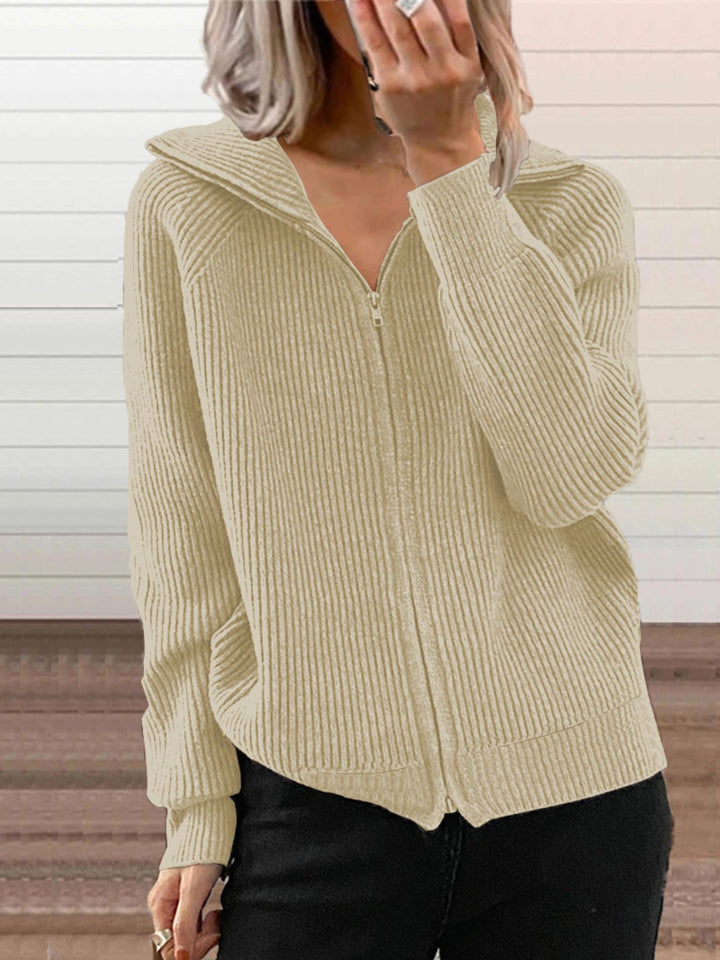 Khaki Ribbed knit zip-up cardigan with collar and pockets
