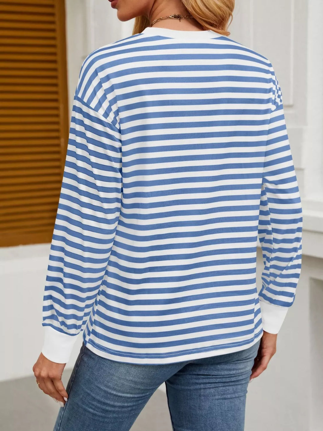 Contrast-trim striped long sleeve crew neck top