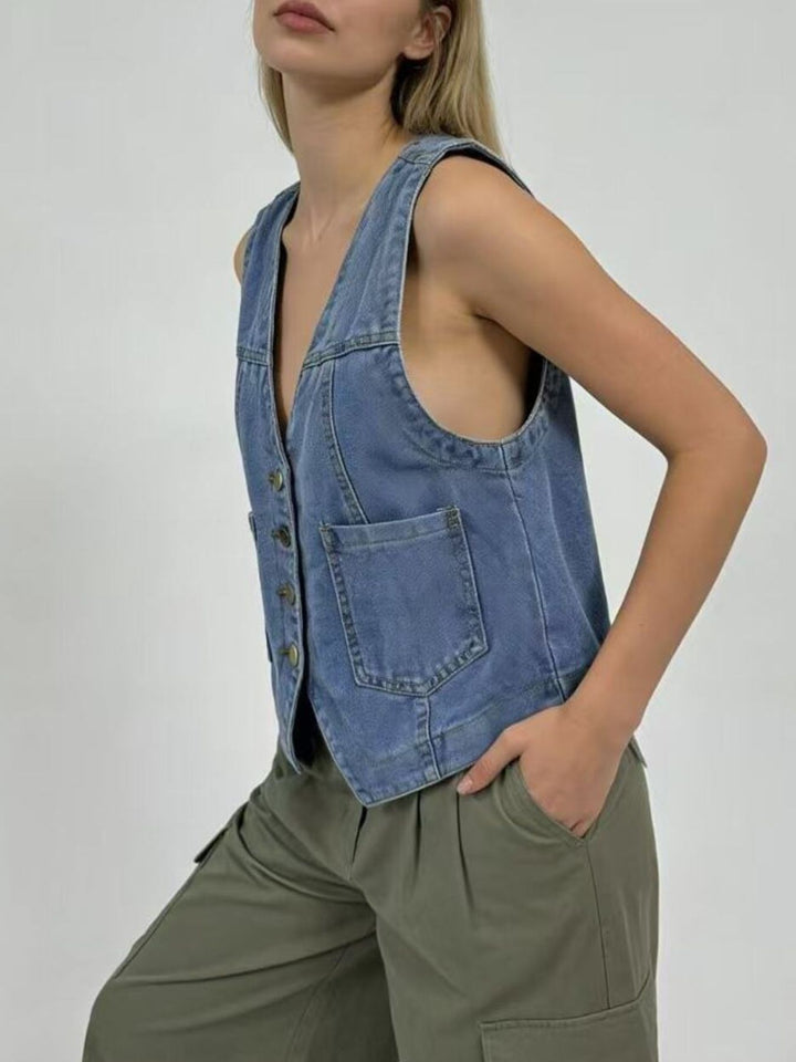 Button-down denim vest with patch pockets