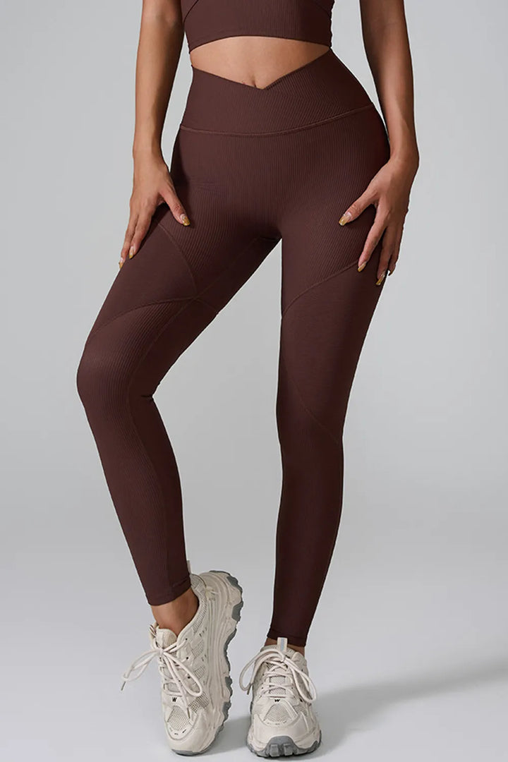 Brown Ribbed high-waist crossover seamless leggings