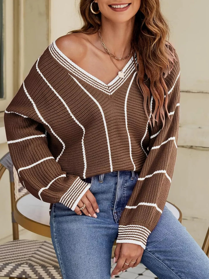 Striped V-neck ribbed knit sweater with drop shoulders