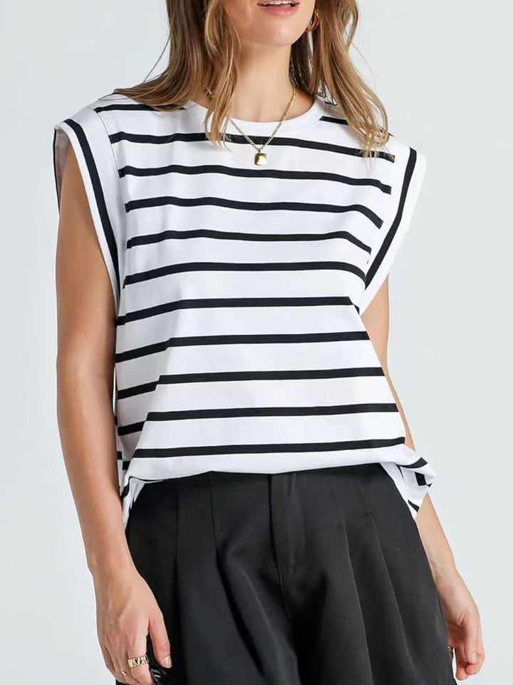 Striped cap-sleeve crew neck muscle tank top