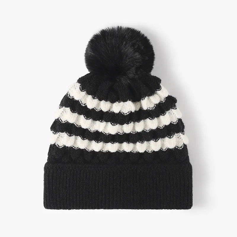 Black Striped scallop knit beanie with faux fur pom-pom