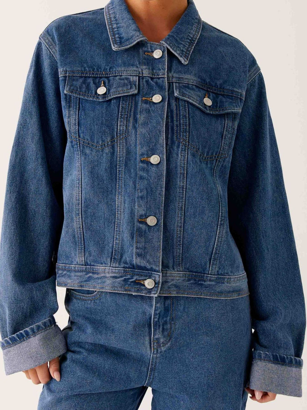 Oversized cropped denim jacket with chest flap pockets