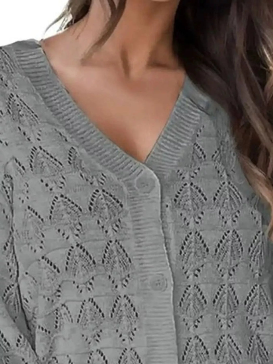Pointelle openwork V-neck button-down knit cardigan