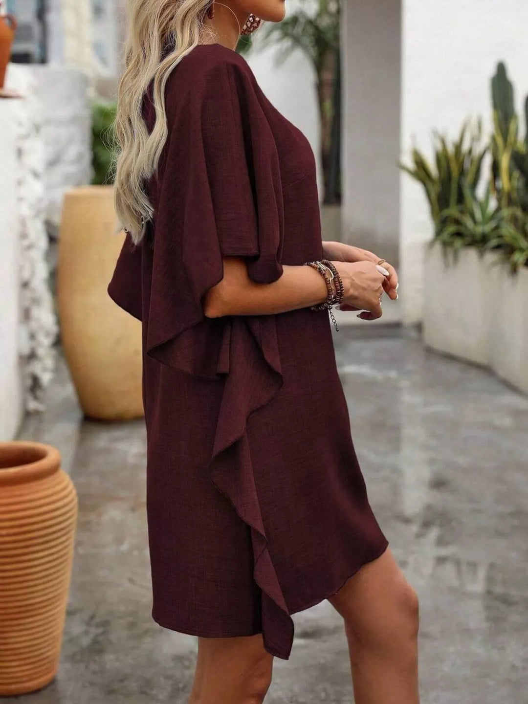 Flutter sleeve V-neck relaxed mini shift dress