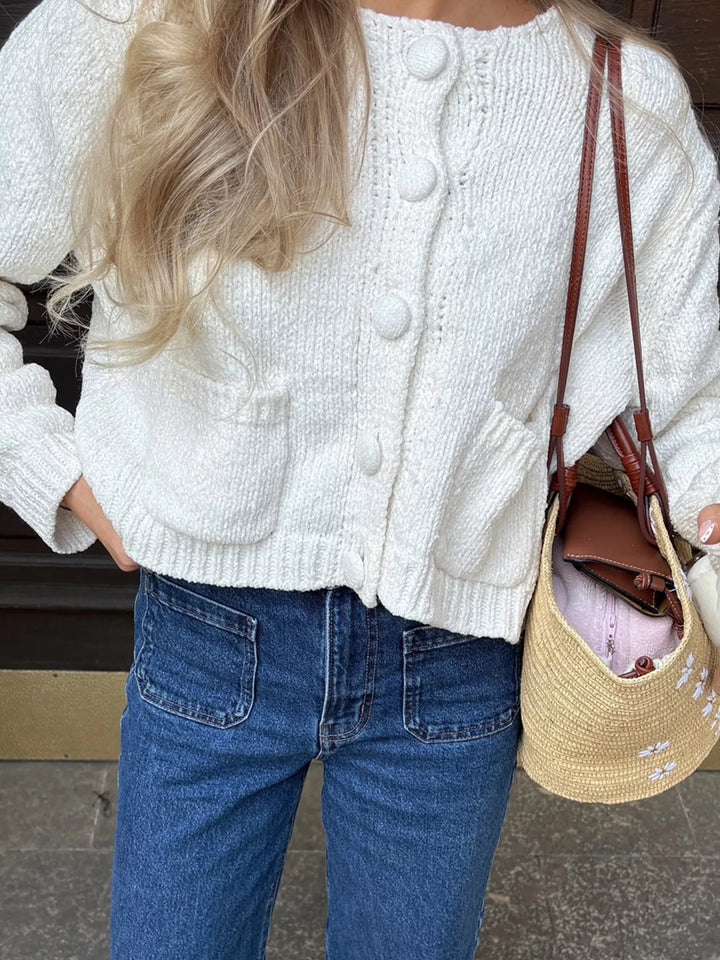 Cropped textured knit button-down cardigan with pockets