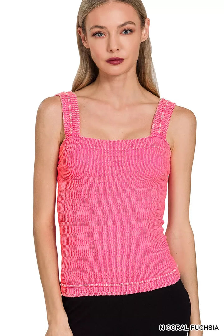N CORAL FUCHSIA Textured crinkle square-neck tank top with wide straps