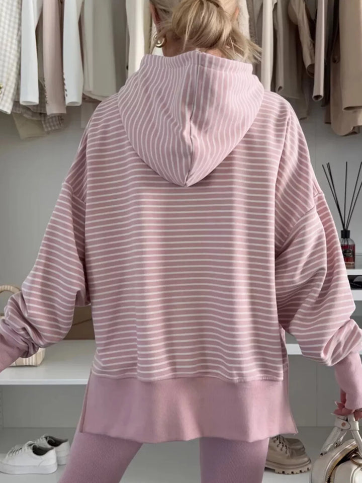 Striped drop-shoulder hoodie with thumbhole cuffs and side slits