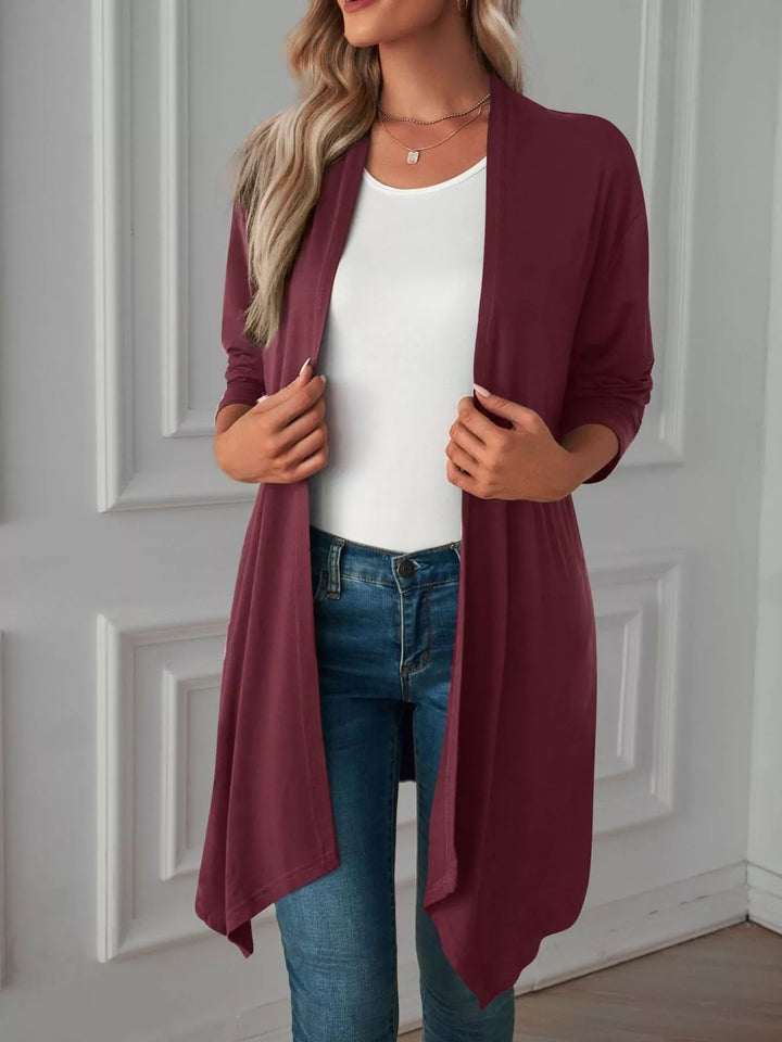 Lightweight open front cardigan with draped waterfall hem