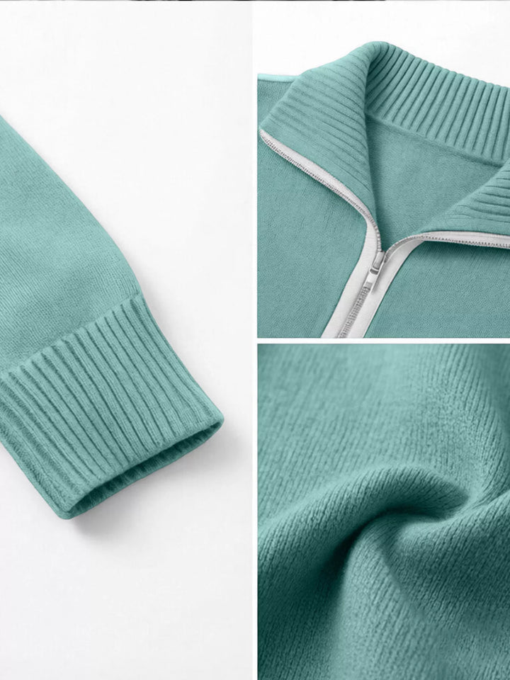 Quarter-zip drop shoulder sweater with contrast stitching
