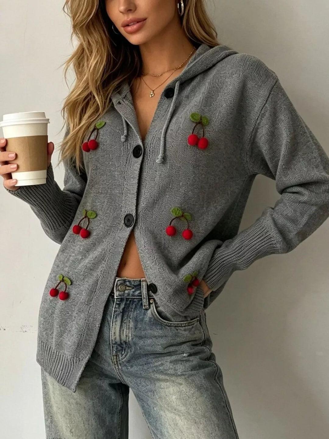 Gray 3D cherry applique button-front hooded cardigan
