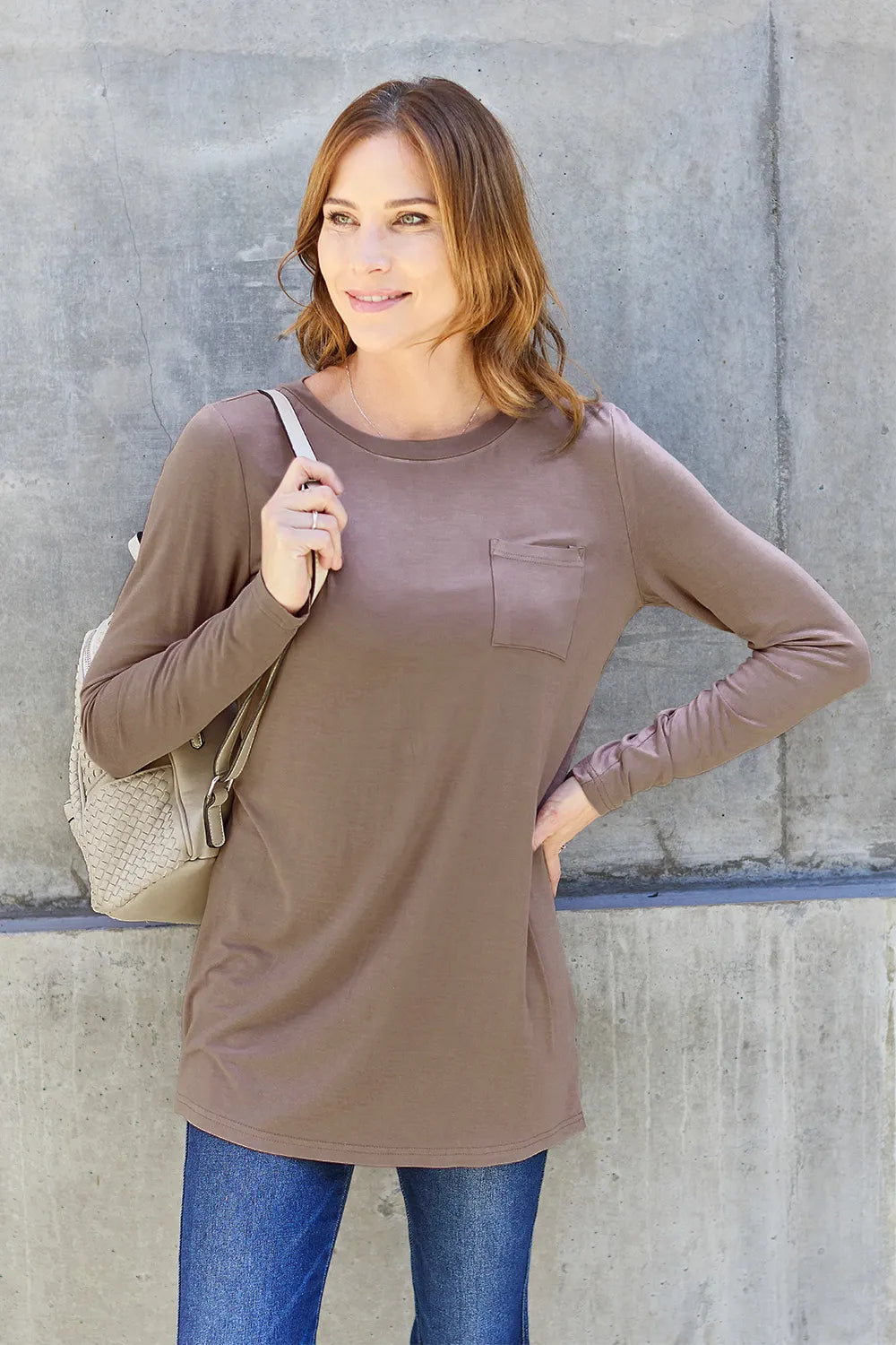 Mocha Long sleeve round neck tunic top with chest pocket