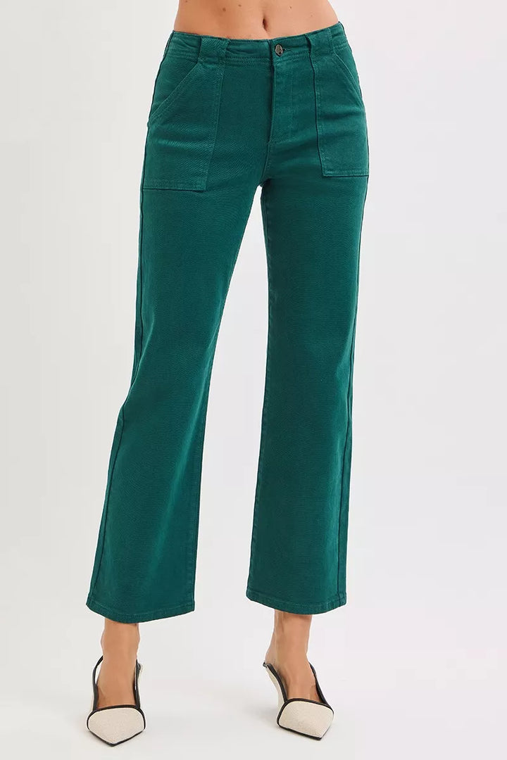 HUNTER GREEN High-rise ankle flare jeans with utility patch pockets