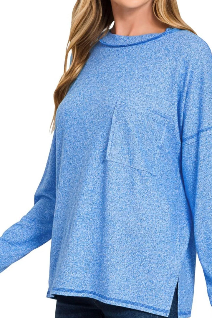 Melange hacci knit long sleeve top with chest pocket