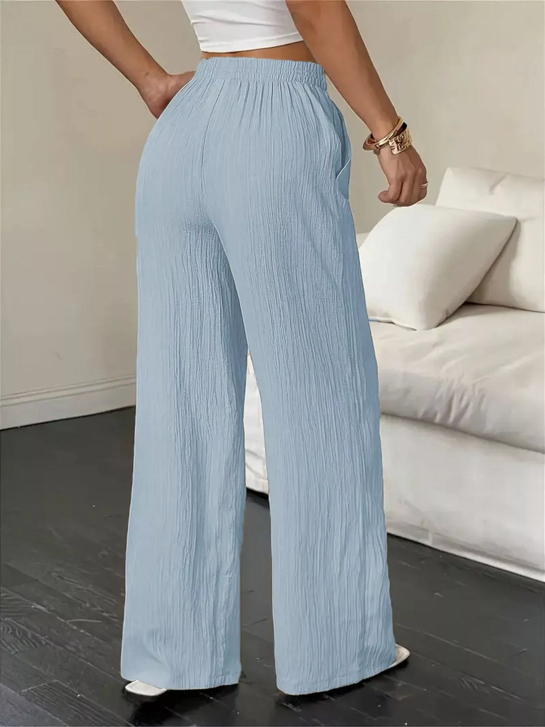 Crinkle cotton wide-leg drawstring pants with side pockets