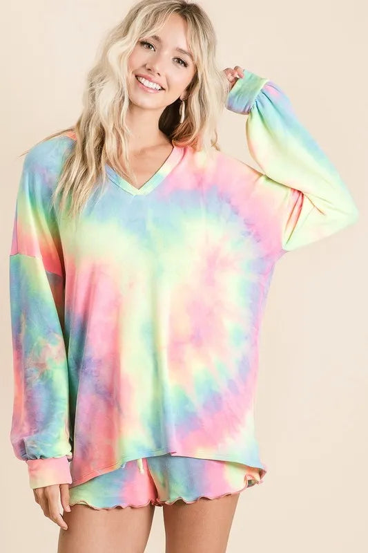 PASTEL TIEDYE Tie-dye French terry V-neck top with balloon sleeves