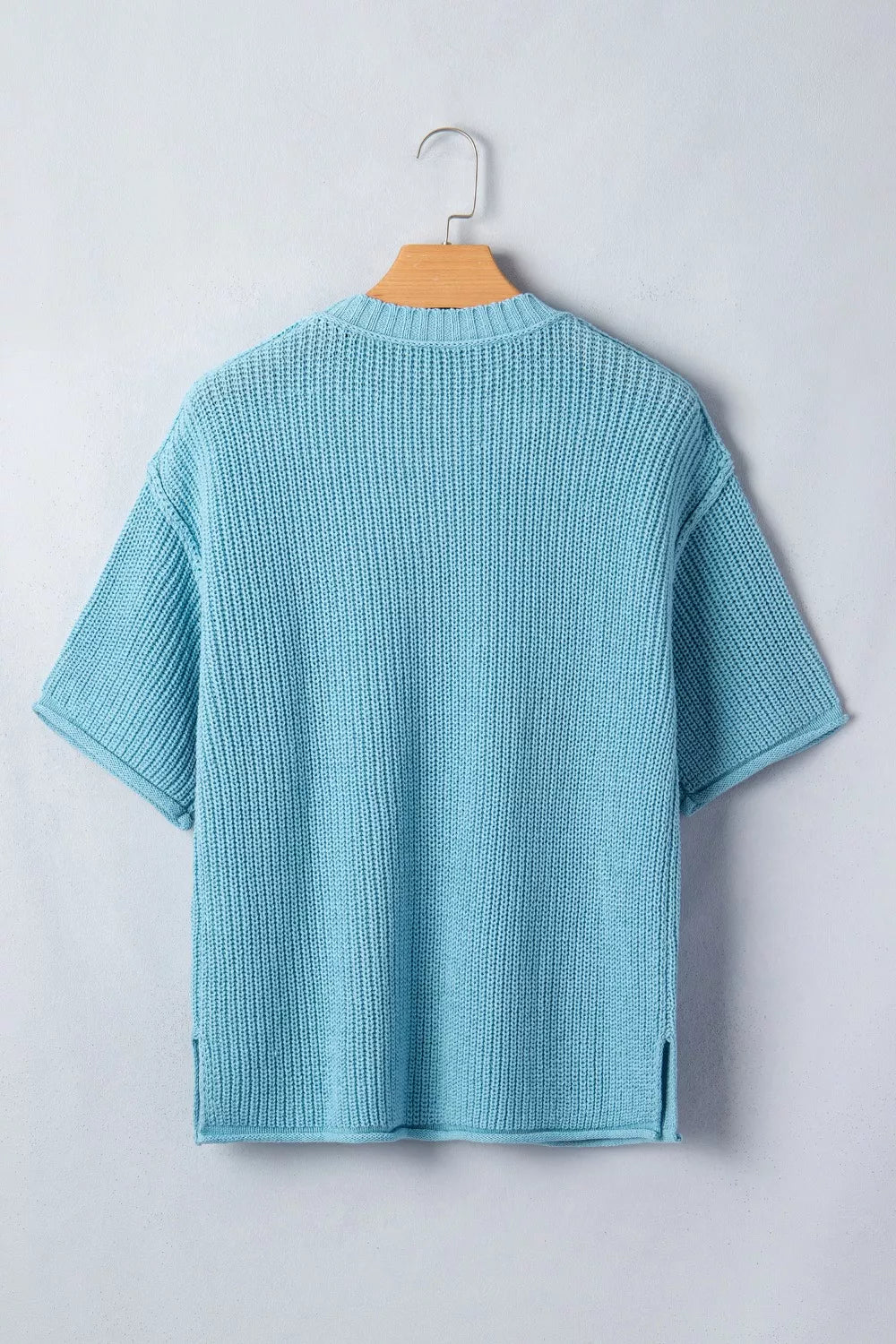 Boxy ribbed knit half-sleeve crew neck sweater