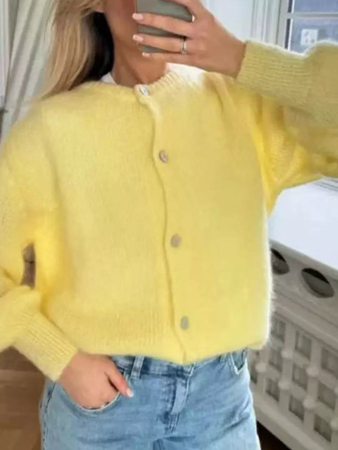 Yellow Button-front brushed knit cardigan with ribbed trim