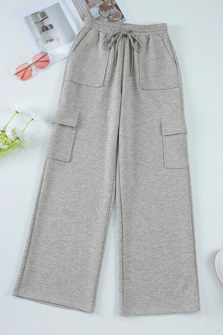 Drawstring wide-leg cargo pants with side pockets