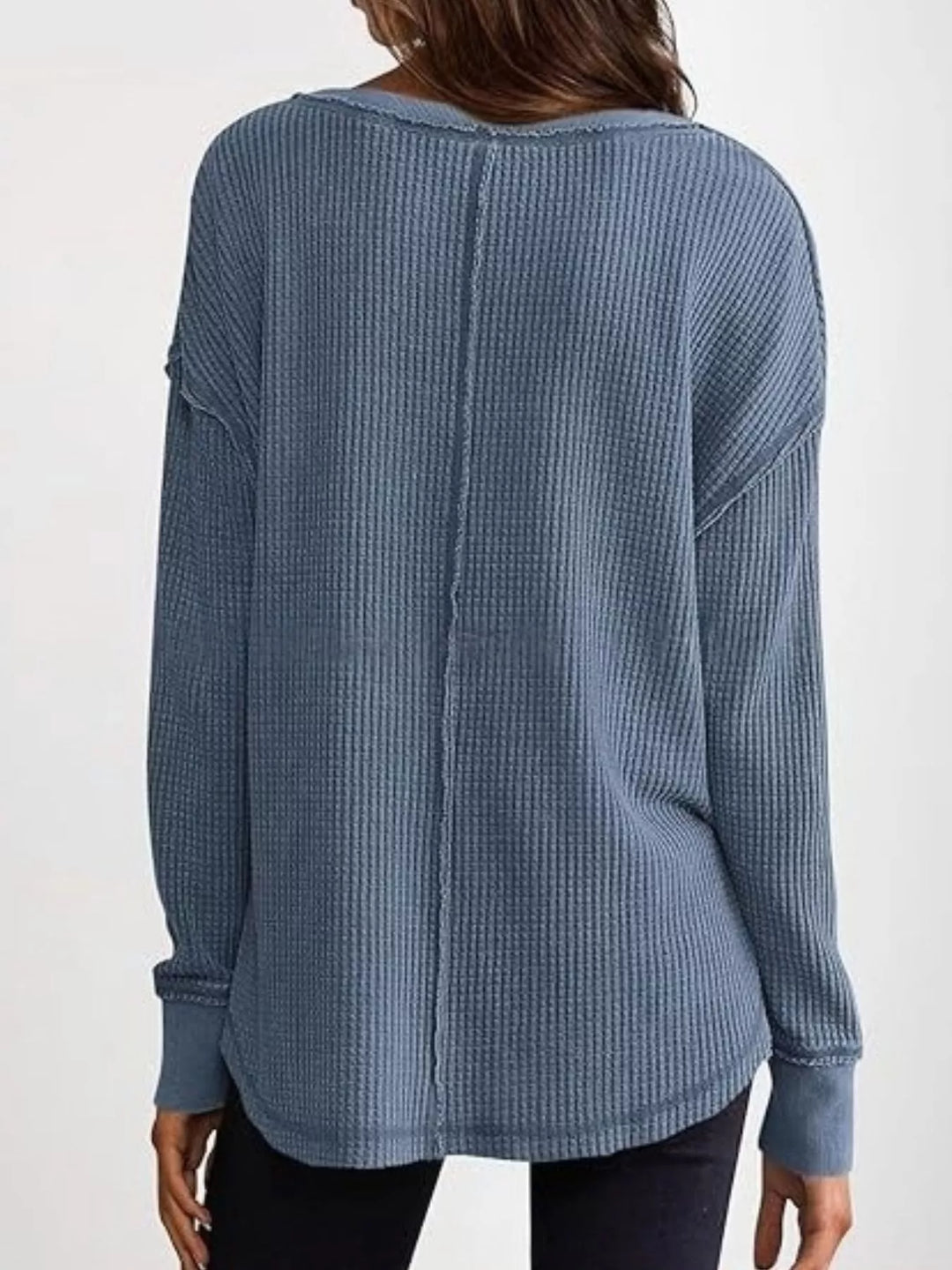 Waffle knit notched neck long sleeve tunic top