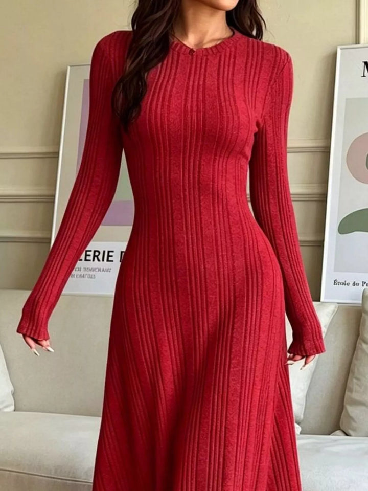 Ribbed knit long sleeve maxi dress with flared skirt