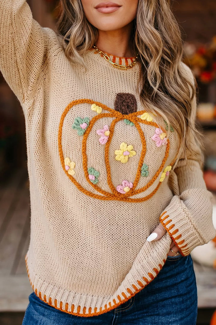 Pumpkin floral embroidery crew neck pullover sweater