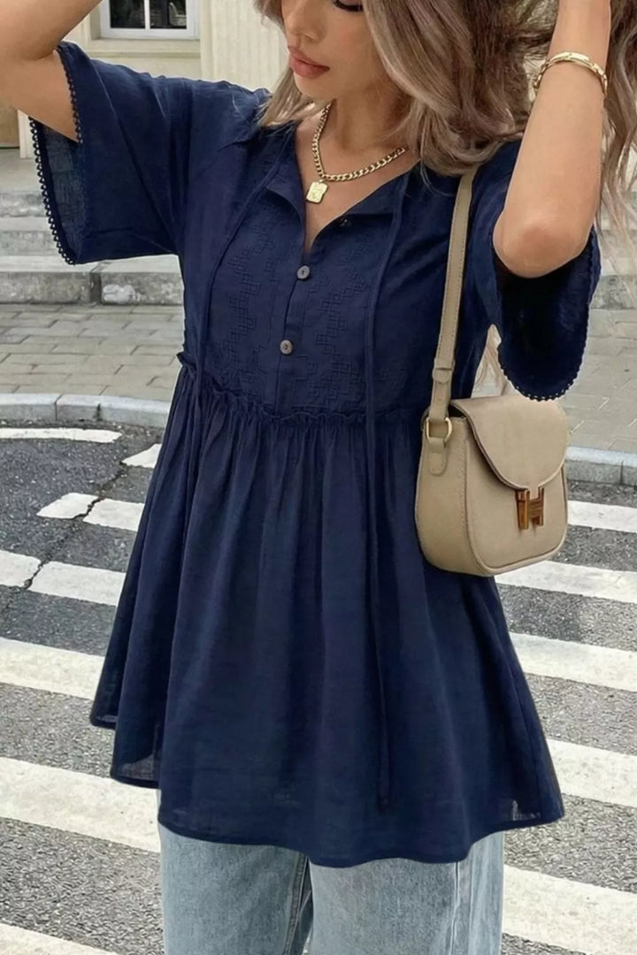 Dark Navy Ruffle hem V-neck blouse with embroidered yoke and lace-trim sleeves