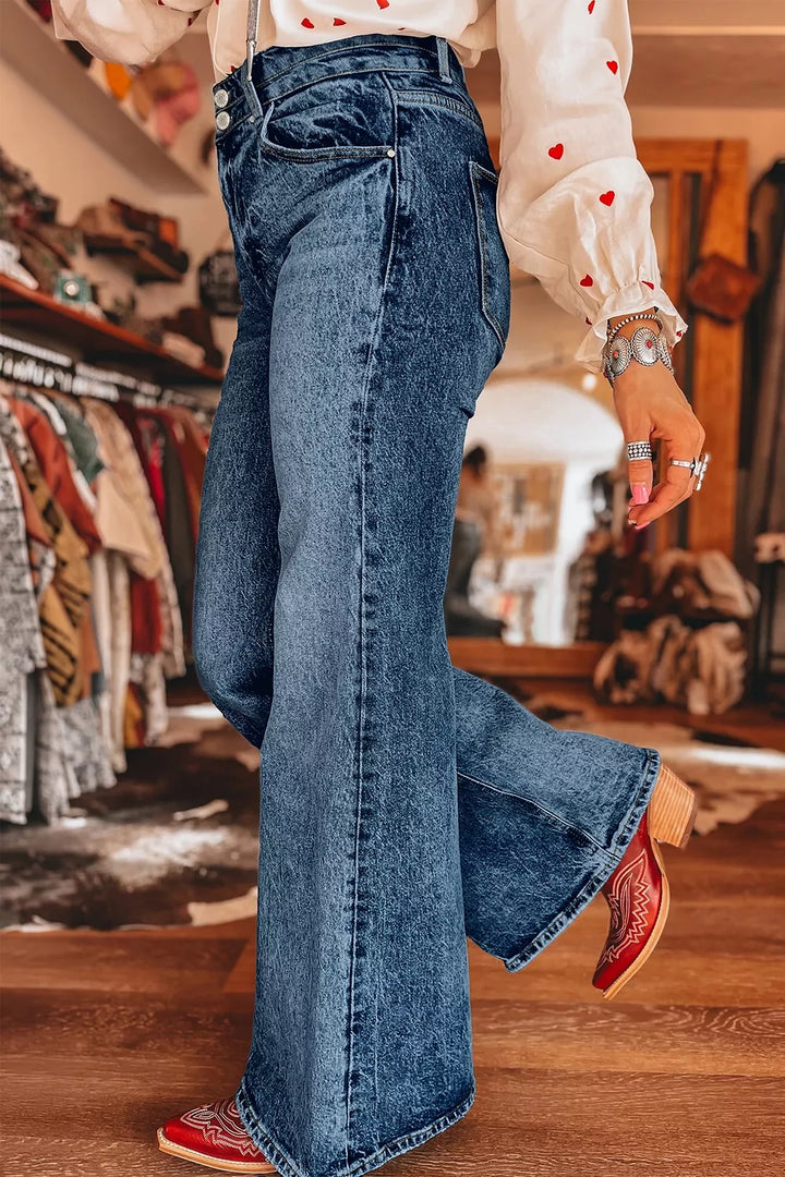 Acid wash high-rise wide flare jeans with double-button waist
