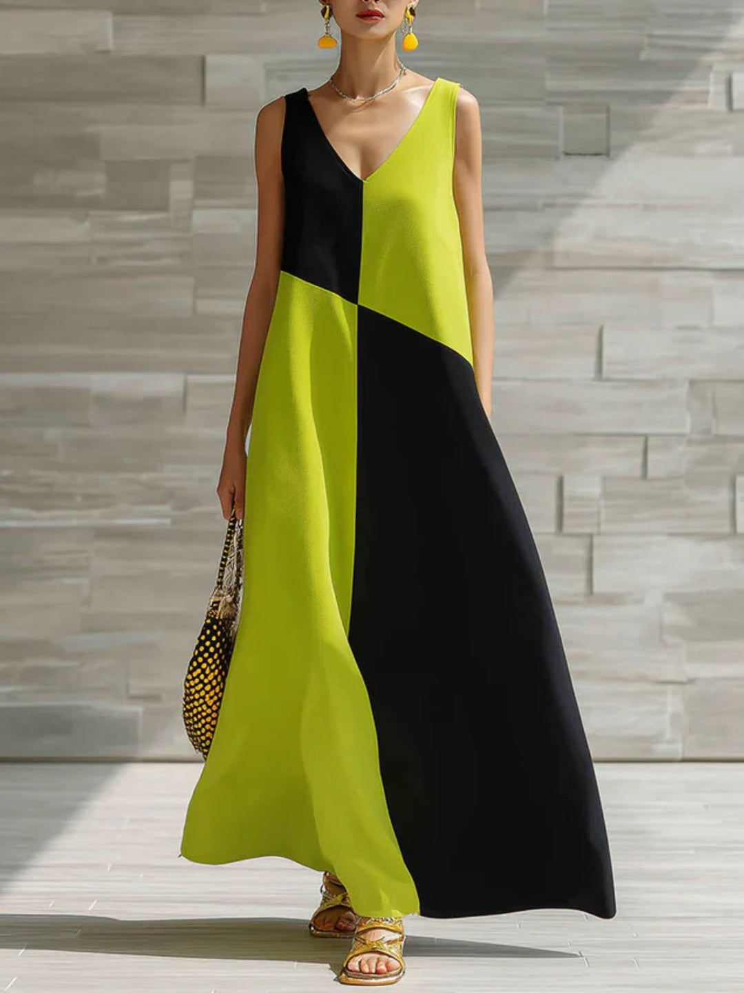 Lime Color block sleeveless V-neck maxi dress