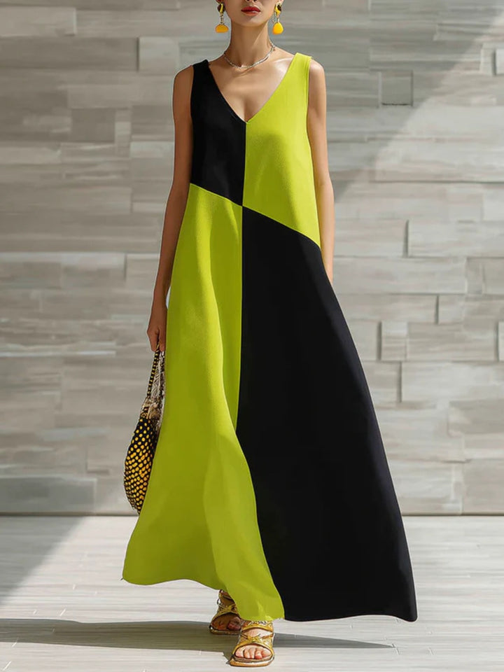 Lime Color block sleeveless V-neck maxi dress