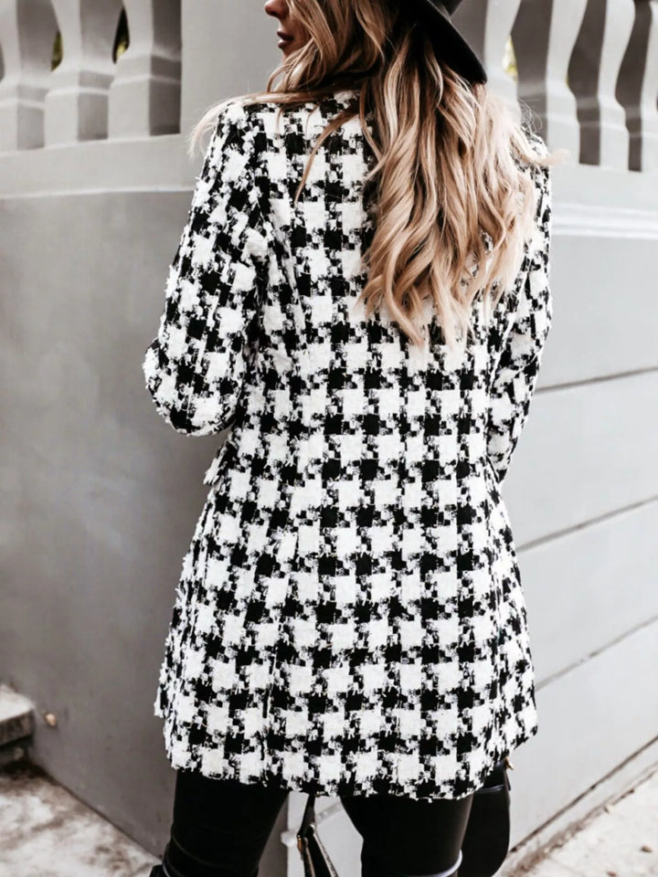 Houndstooth tweed double-breasted blazer coat with gold buttons