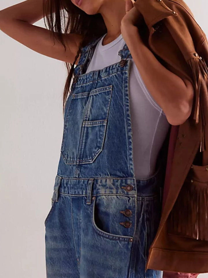 Wide-leg cotton denim overalls with adjustable straps