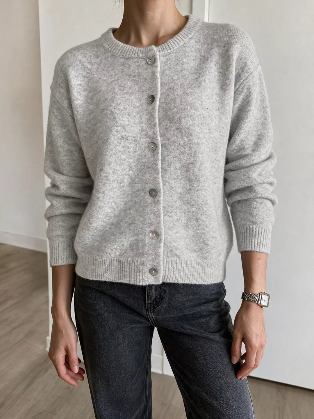 Brushed knit button-down cardigan with ribbed crew neck