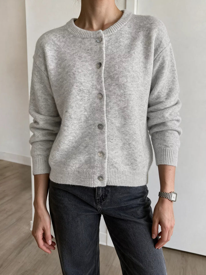 Brushed knit button-down cardigan with ribbed crew neck
