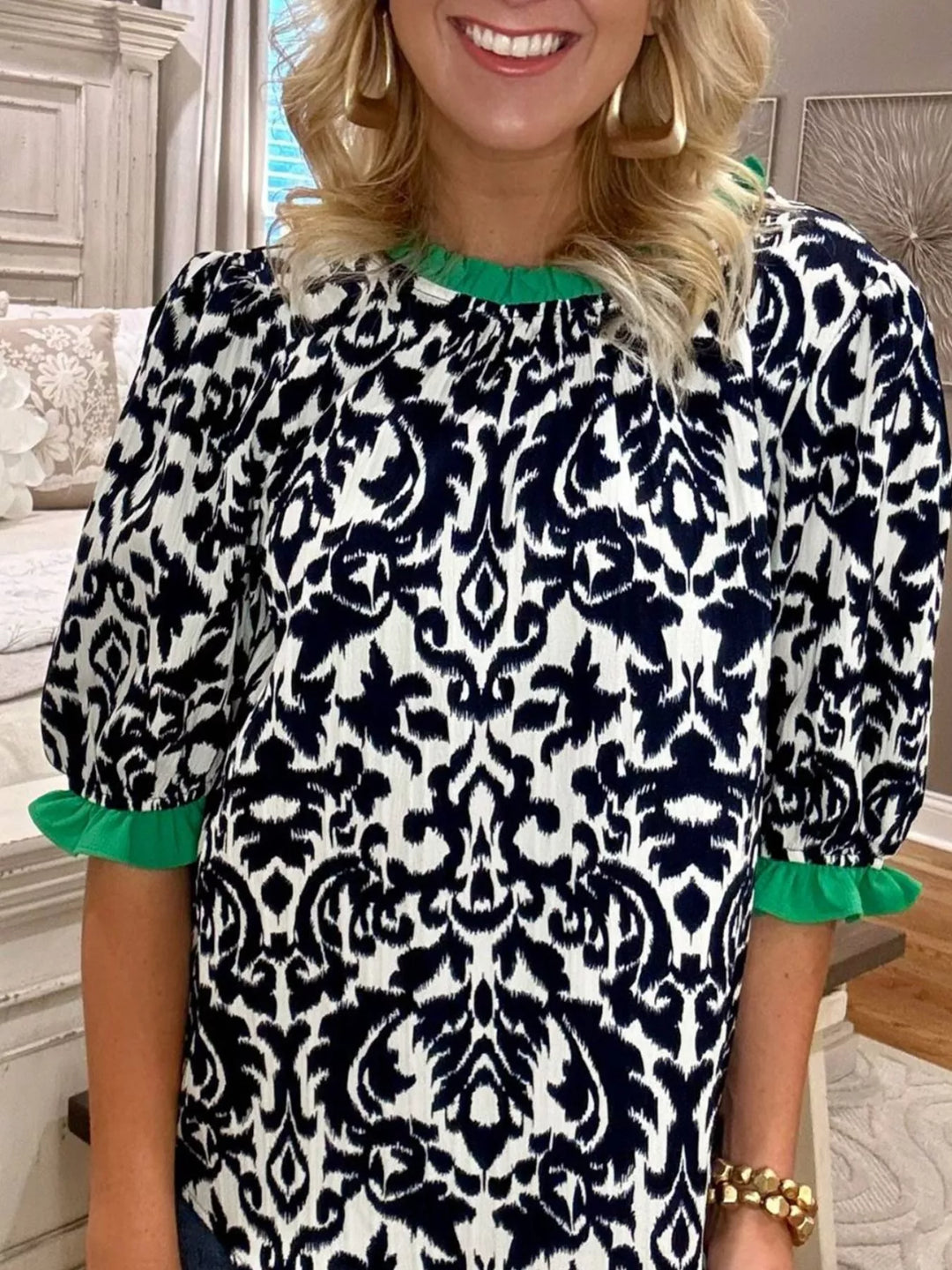 Green Ruffle contrast trim damask print puff sleeve blouse