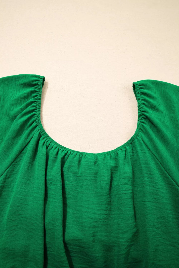 Ruched square-neck peplum top with crossed waist and tied back