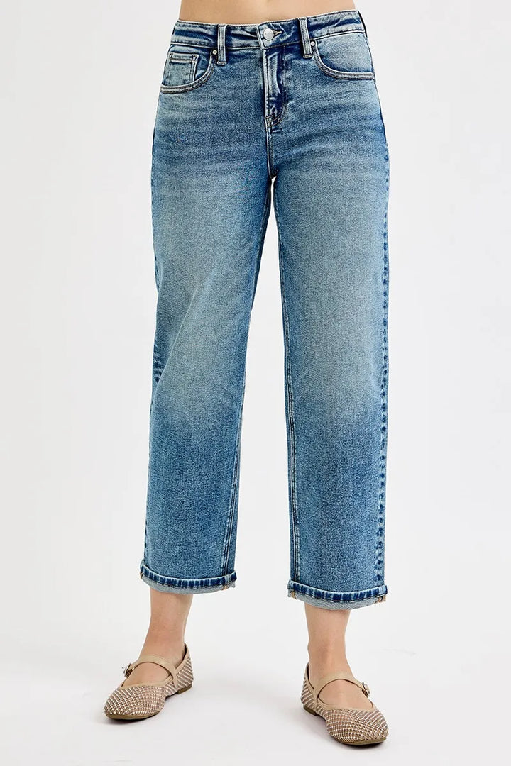 MEDIUM High-rise cropped boyfriend jeans with cuffed hem