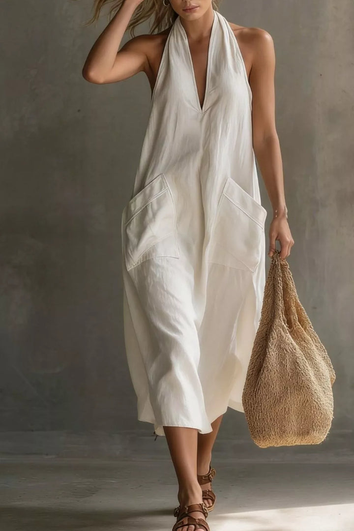 Relaxed halter neck midi dress with patch pockets