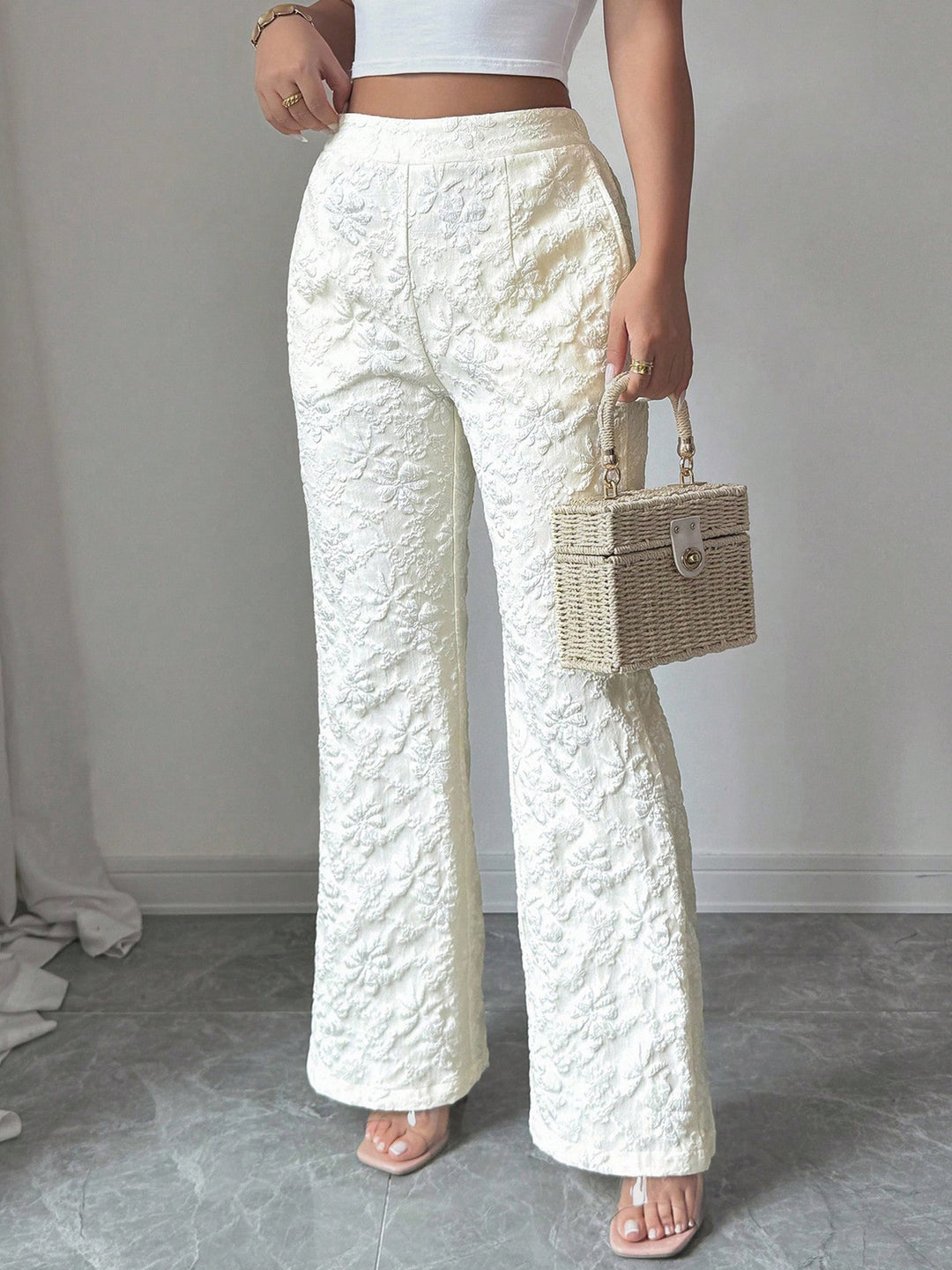 Textured floral high-rise wide-leg pants with pockets