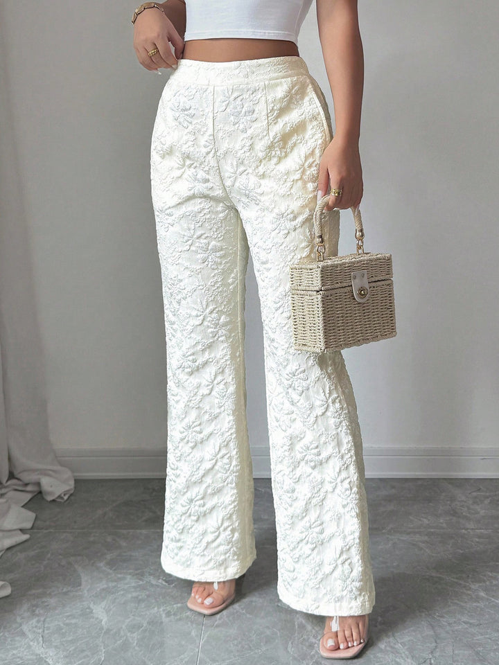 Textured floral high-rise wide-leg pants with pockets