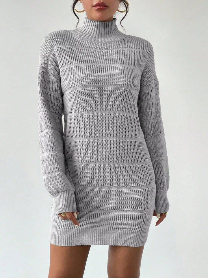 Light Gray Ribbed turtleneck knit sweater mini dress with drop shoulders