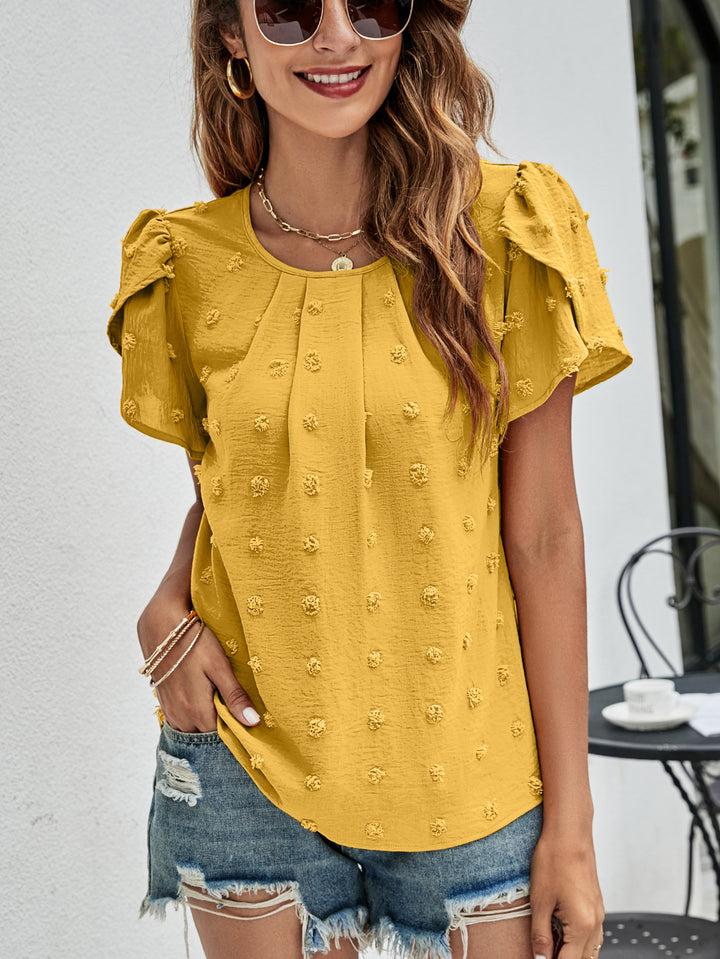Mustard Swiss dot petal sleeve top with pleated round neck